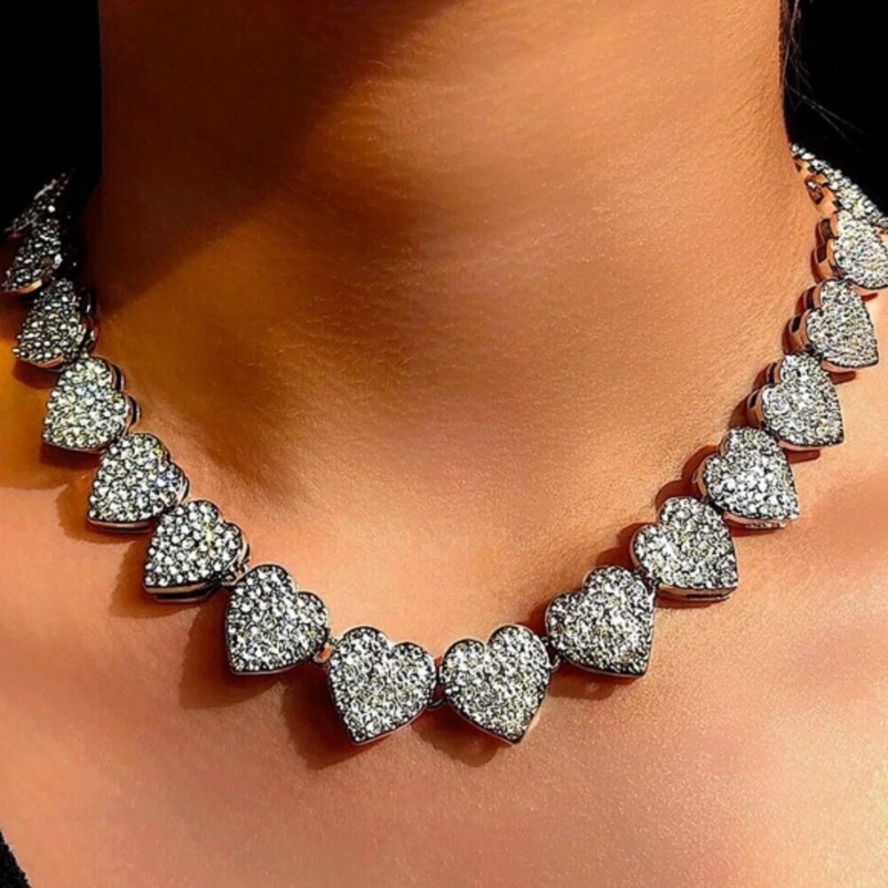 Gold Plated Heart Crystal Necklace Paved, Ice Out, Bling, Choker